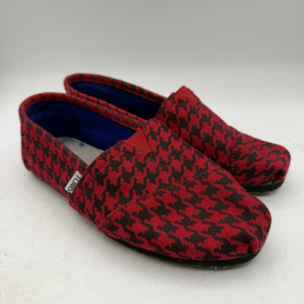 Toms Alpargata Flats Womens Sz 8.5 Red Black Houndstooth Pattern Slip On Shoes